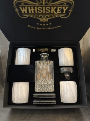 Whisiskey Luxury Cut Glass Whisky Decanter Gift Set – 4 Tumblers, Natural Slate Coasters, Chilling Stones & Tongs in Presentation Box